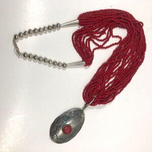 Artisian Red Seed Bead Necklace Boho Statement Silver Tone Pendant Southwestern